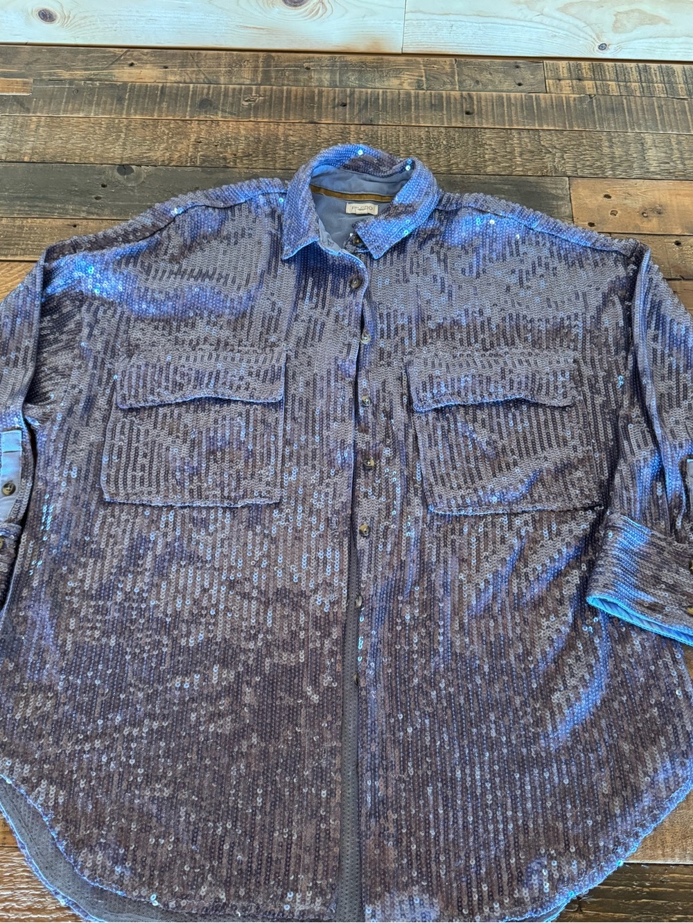 Anthropologie Iridescent Blue Sequin Button-Front Blouse
